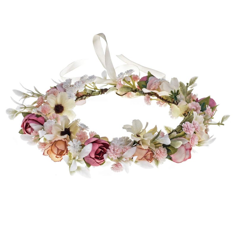 Floral Fall Camellia Flower Crown Rose Headpiece Wedding Bridal Flower Girl Halo Maternity Photo Props FL-03 (Pink Flower with Babysbreath) - Image 1